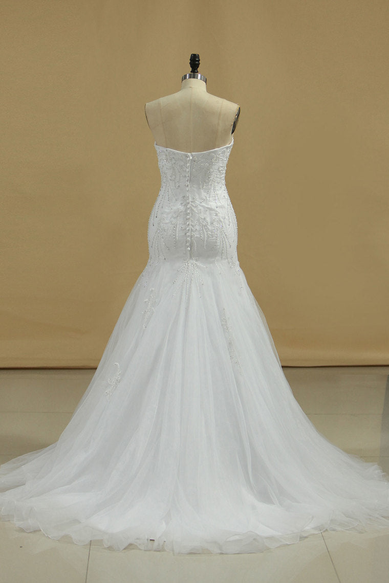 2024 Mermaid Wedding Dresses Strapless Tulle With Beads And Embroidery Court Train