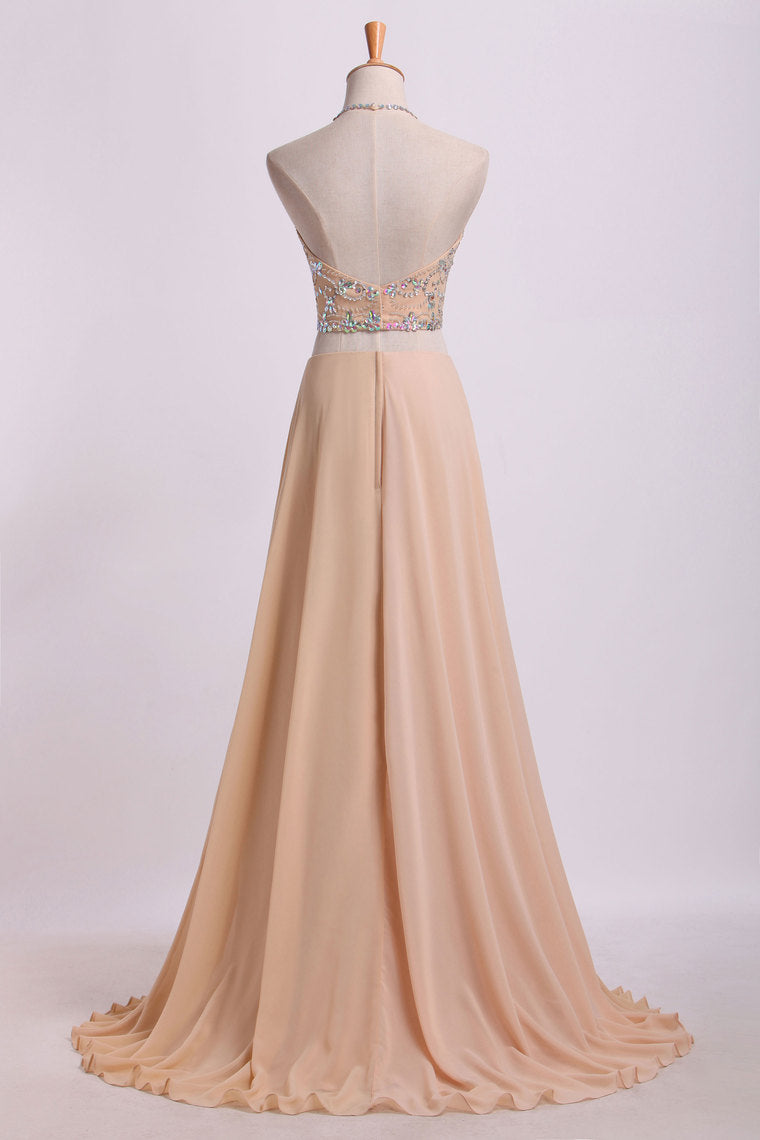 2024 Sexy Prom Dresses Halter Two Pieces A Line With Flowing Chiffon Skirt Beaded
