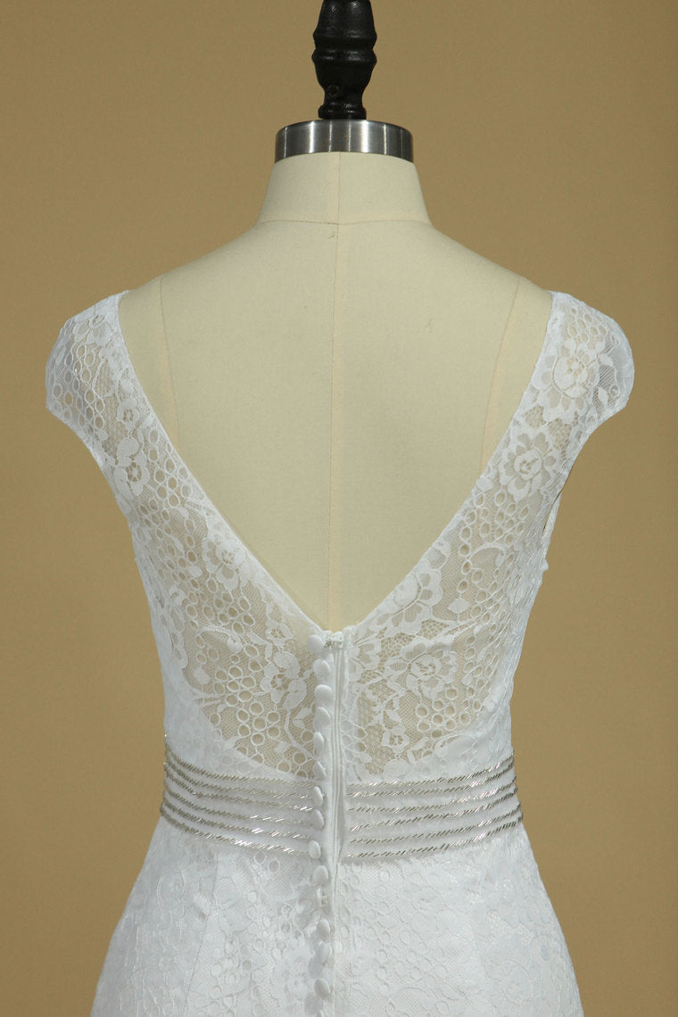 2024 Scoop Cap Sleeves Mermaid Wedding Dresses Beaded Waistband Lace