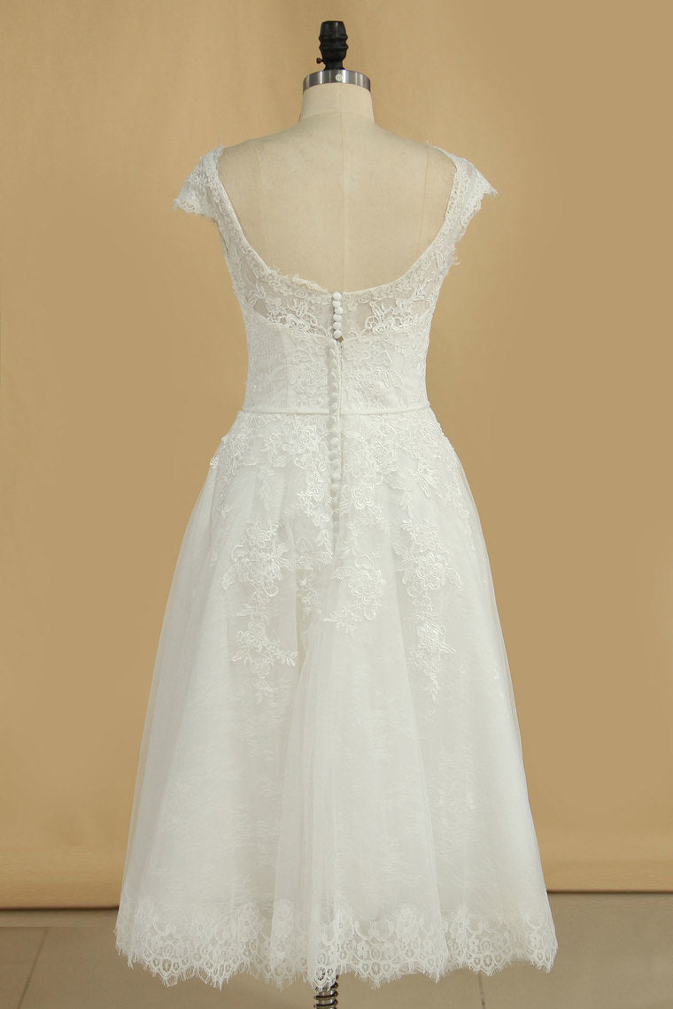 2024 Scoop A Line Wedding Dresses Lace With Applique And Sash