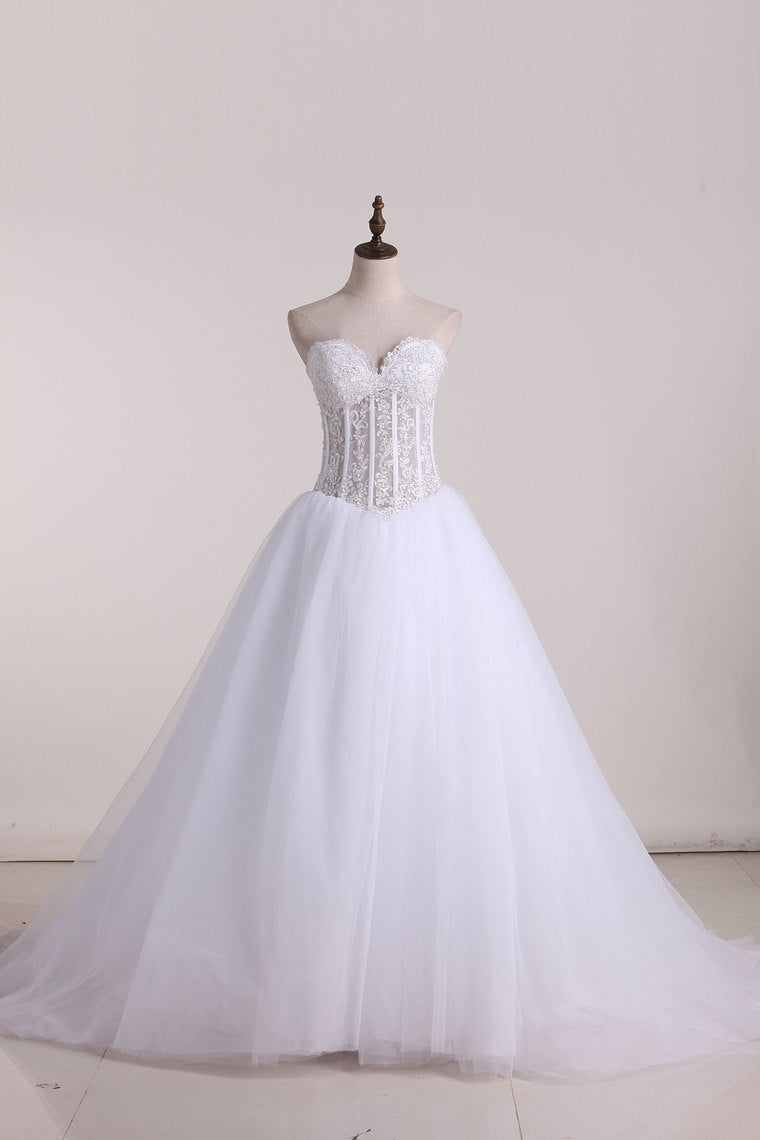 2024 Gorgeous Wedding Dresses A-Line Sweetheart See Through Floor-Length Tulle With Pearls Lace Up