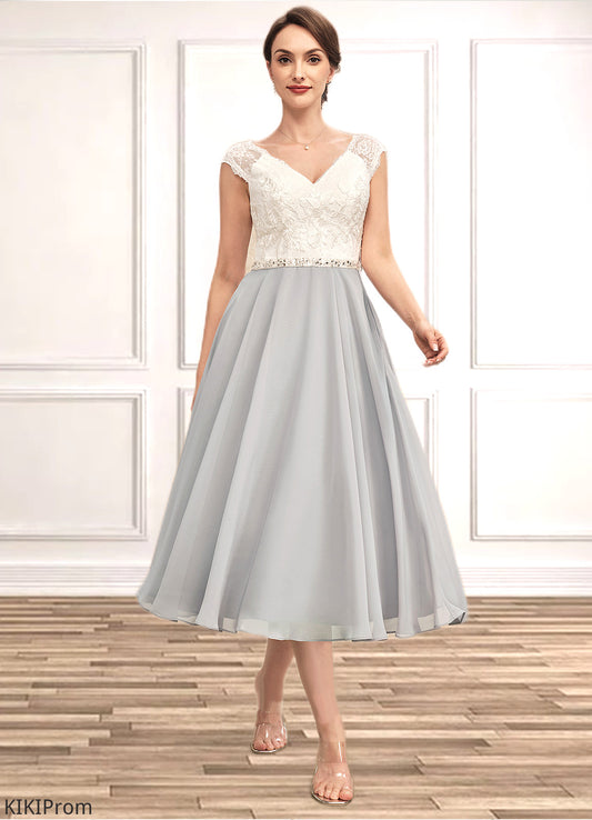 Blanche A-Line V-neck Tea-Length Chiffon Lace Mother of the Bride Dress With Beading DZ126P0014919