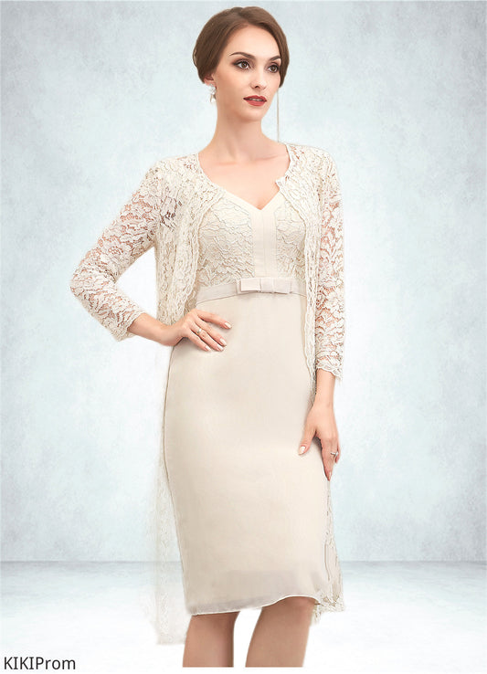 Haley Sheath/Column V-neck Knee-Length Chiffon Lace Mother of the Bride Dress With Bow(s) DZ126P0014924