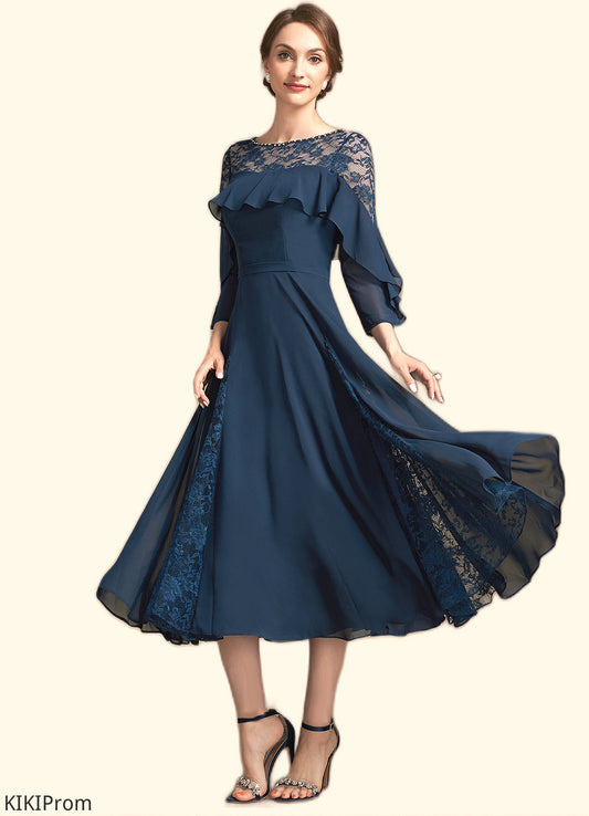 Everly A-Line Scoop Neck Tea-Length Chiffon Lace Mother of the Bride Dress With Beading Cascading Ruffles DZ126P0014952