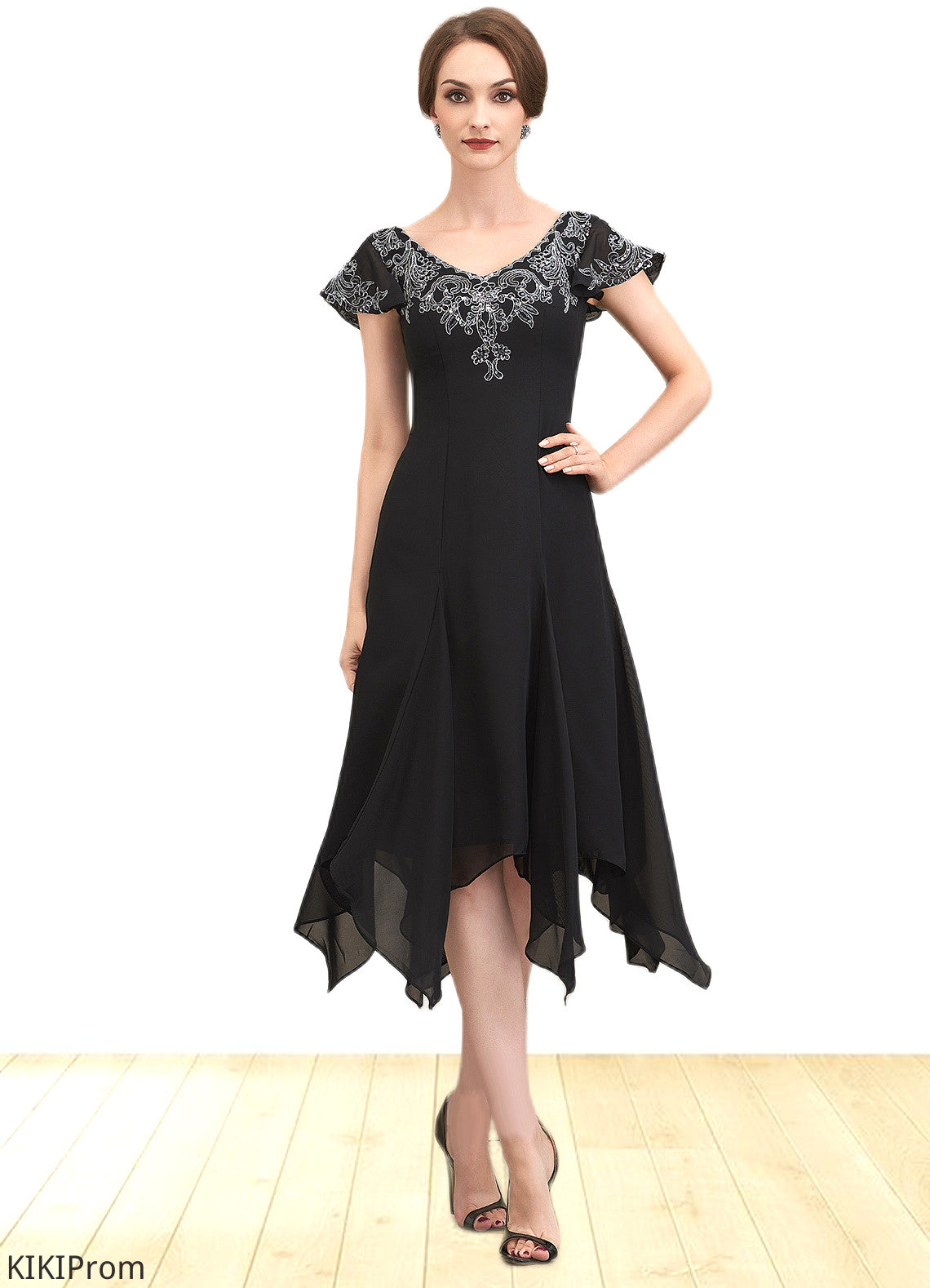 Lisa A-Line V-neck Tea-Length Chiffon Lace Mother of the Bride Dress With Sequins DZ126P0014967