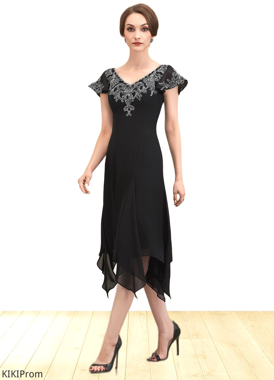 Lisa A-Line V-neck Tea-Length Chiffon Lace Mother of the Bride Dress With Sequins DZ126P0014967