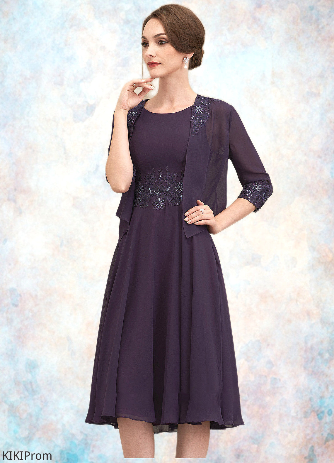 Lucy A-Line Scoop Neck Knee-Length Chiffon Lace Mother of the Bride Dress With Sequins DZ126P0014968