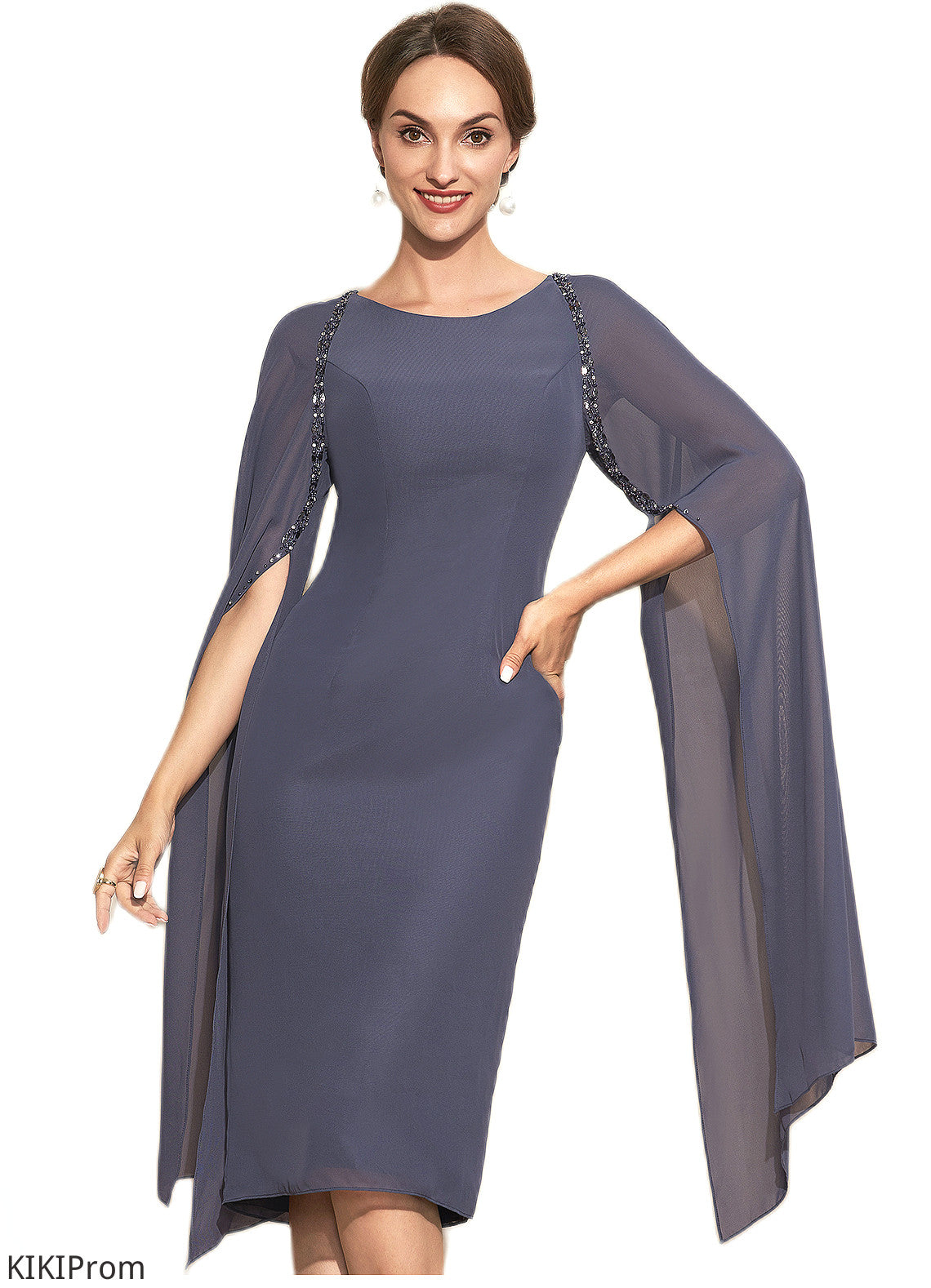 Joanne Sheath/Column Scoop Neck Knee-Length Chiffon Mother of the Bride Dress With Beading DZ126P0014969