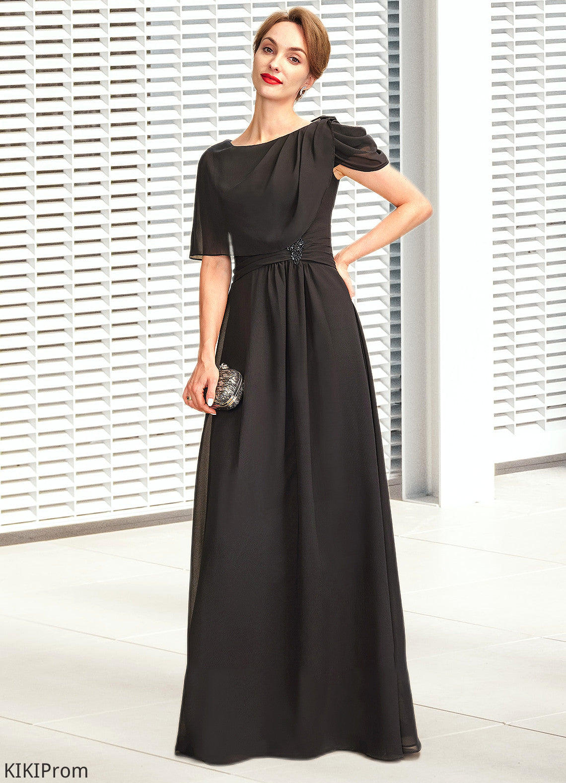 Jayla A-Line Scoop Neck Floor-Length Chiffon Mother of the Bride Dress With Ruffle Beading DZ126P0014970