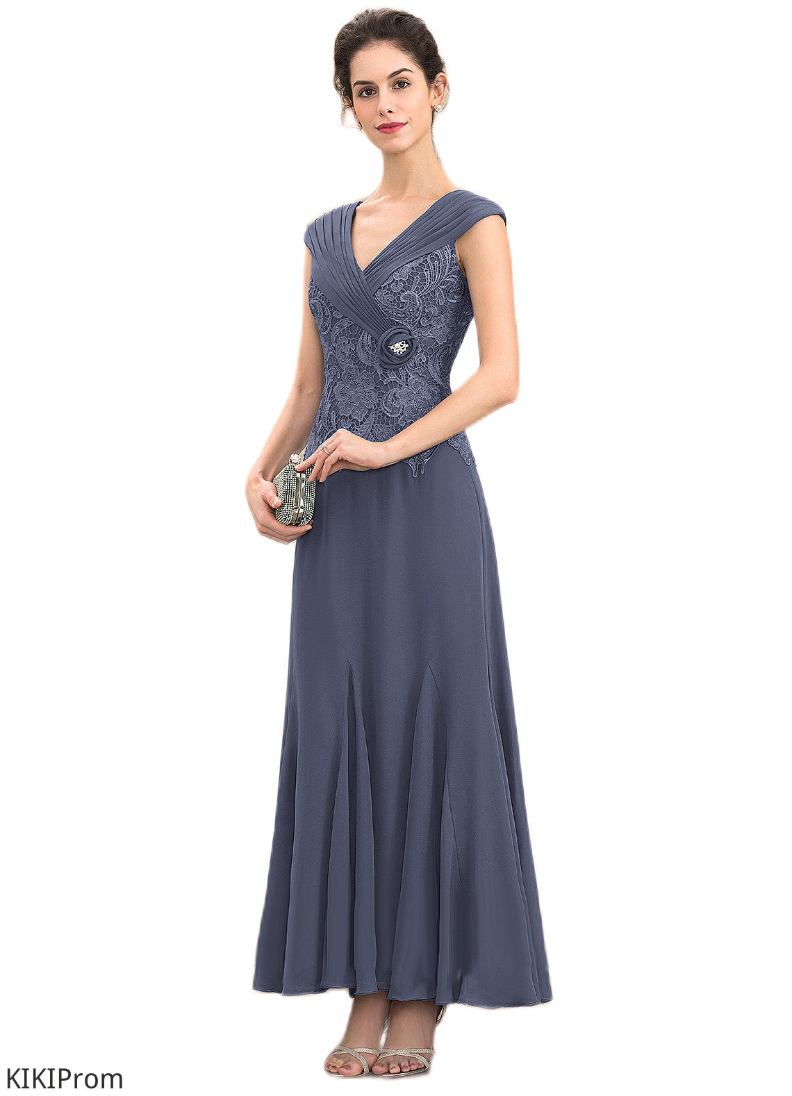 Nicky A-Line V-neck Ankle-Length Chiffon Lace Mother of the Bride Dress With Ruffle Beading DZ126P0014971