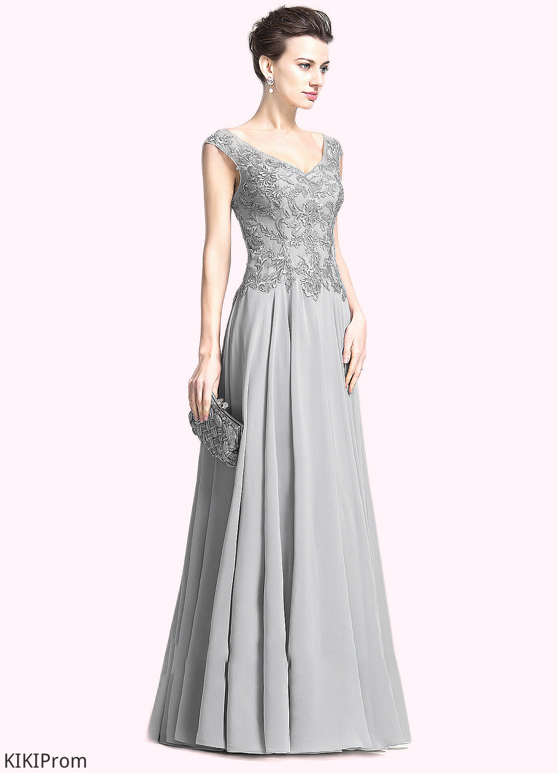 Anna A-Line V-neck Floor-Length Chiffon Mother of the Bride Dress With Appliques Lace DZ126P0014974