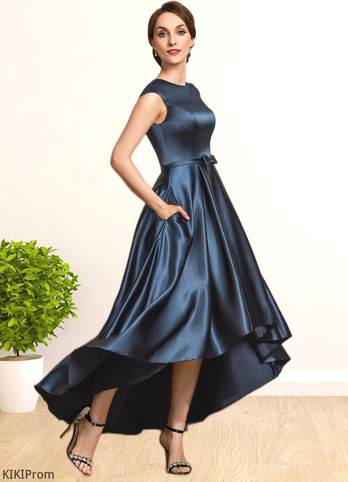 Kennedi A-Line Scoop Neck Asymmetrical Satin Mother of the Bride Dress With Bow(s) Pockets DZ126P0014976