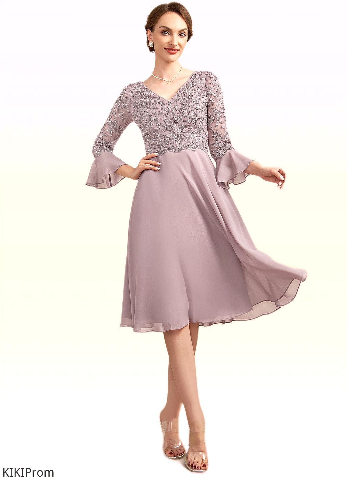 Cadence A-Line V-neck Knee-Length Chiffon Lace Mother of the Bride Dress With Sequins Cascading Ruffles DZ126P0014977