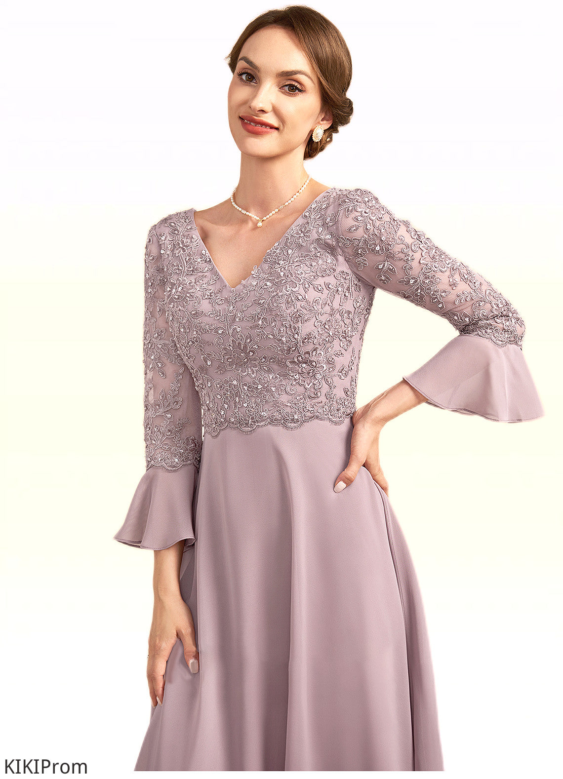 Cadence A-Line V-neck Knee-Length Chiffon Lace Mother of the Bride Dress With Sequins Cascading Ruffles DZ126P0014977
