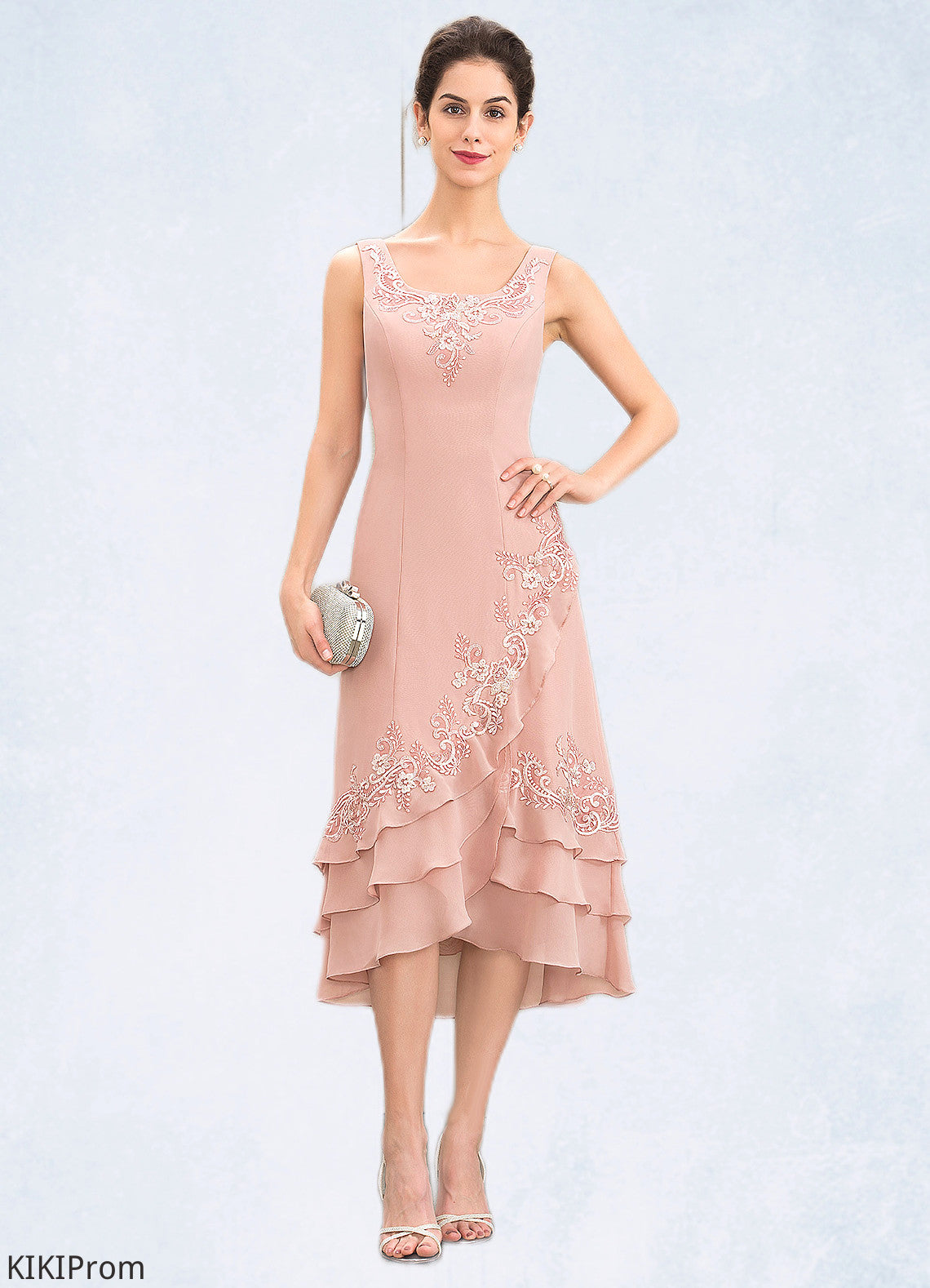 Madelynn A-Line Square Neckline Asymmetrical Chiffon Mother of the Bride Dress With Appliques Lace Cascading Ruffles DZ126P0014978