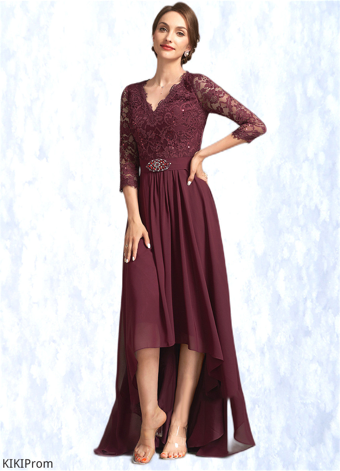 Patti A-Line V-neck Asymmetrical Chiffon Lace Mother of the Bride Dress With Beading Sequins DZ126P0014980