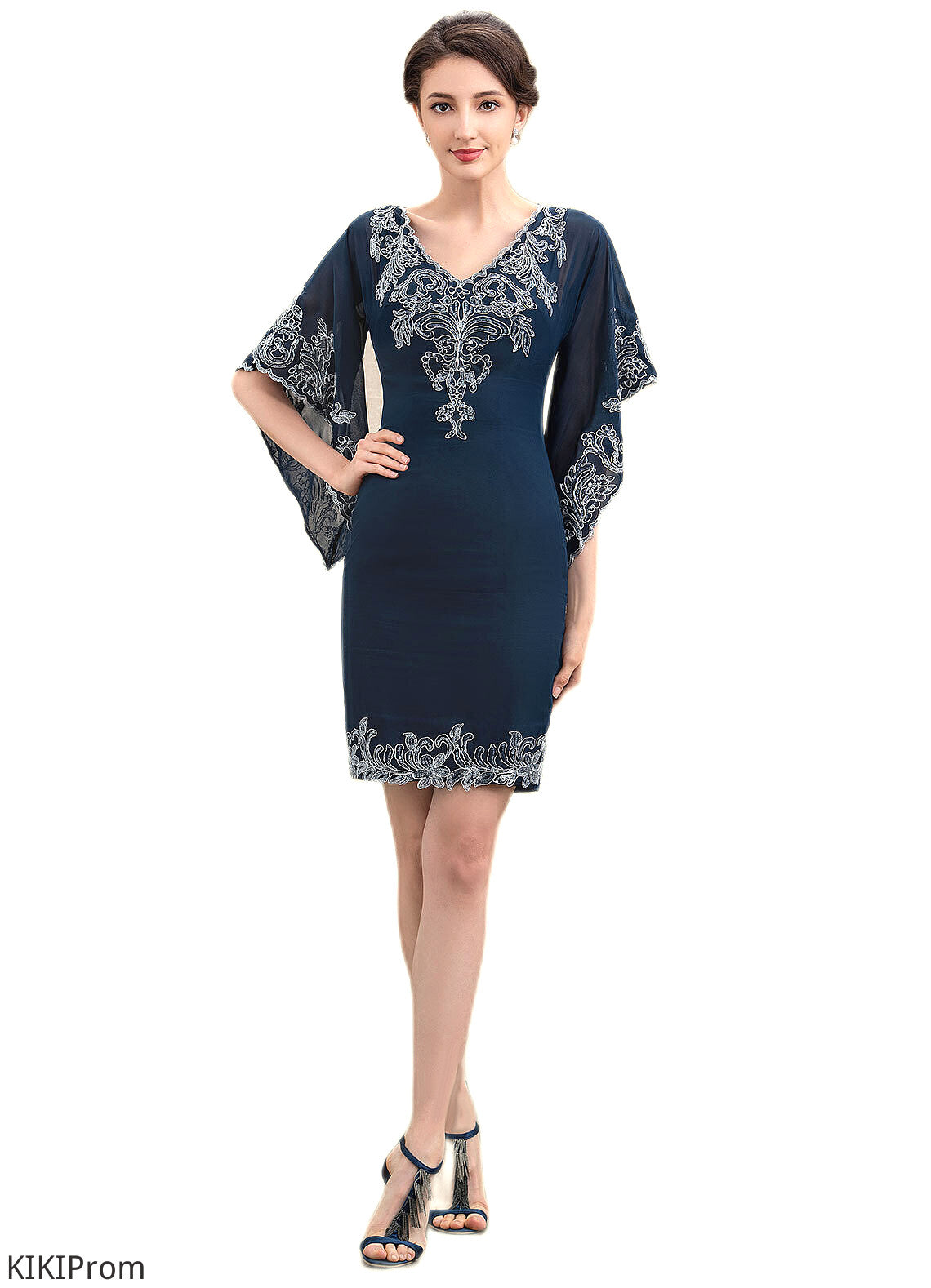 Sadie Sheath/Column V-neck Knee-Length Chiffon Lace Mother of the Bride Dress With Sequins DZ126P0014983