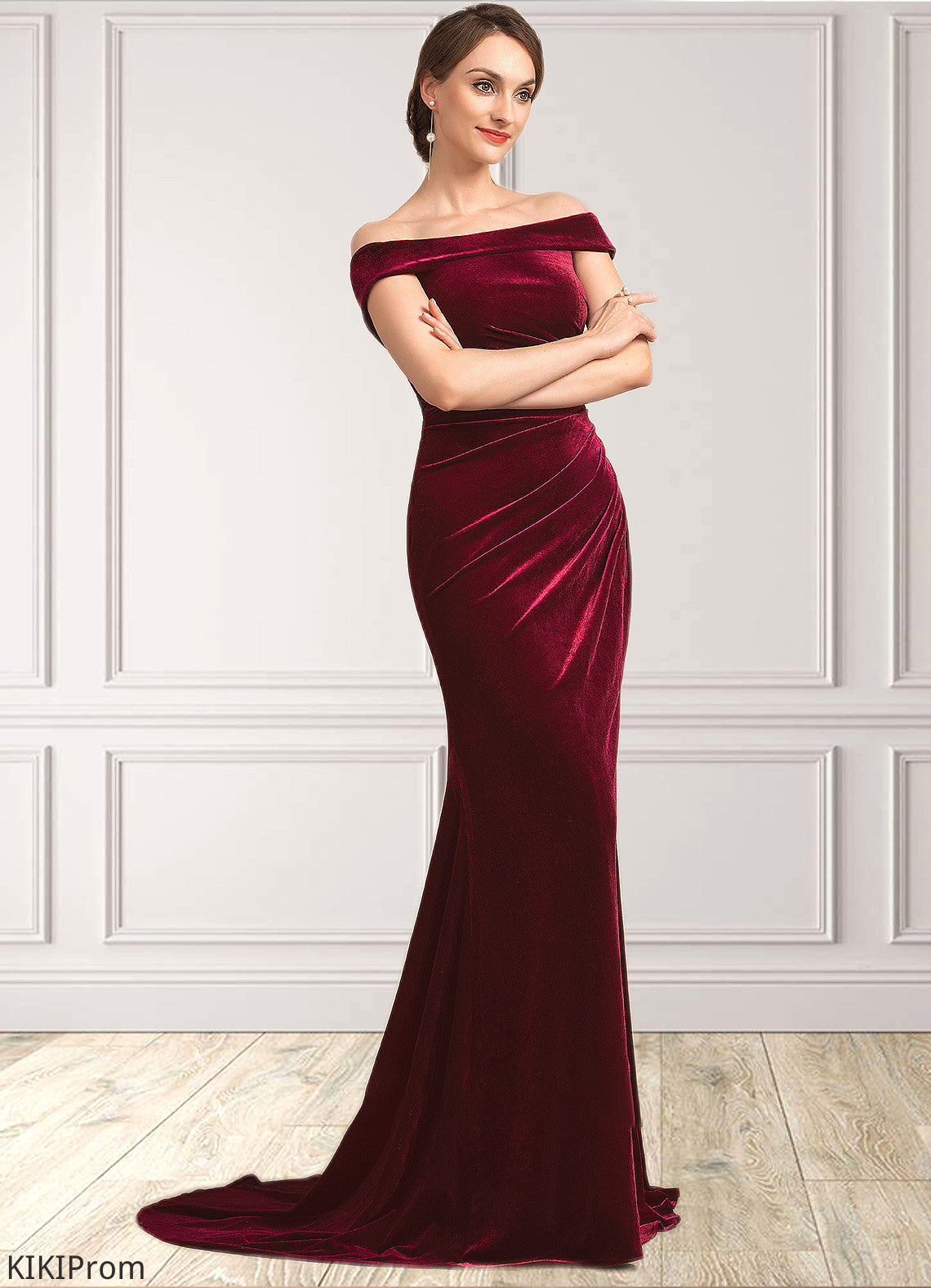 Mackenzie Trumpet/Mermaid Off-the-Shoulder Sweep Train Velvet Mother of the Bride Dress With Ruffle DZ126P0014988