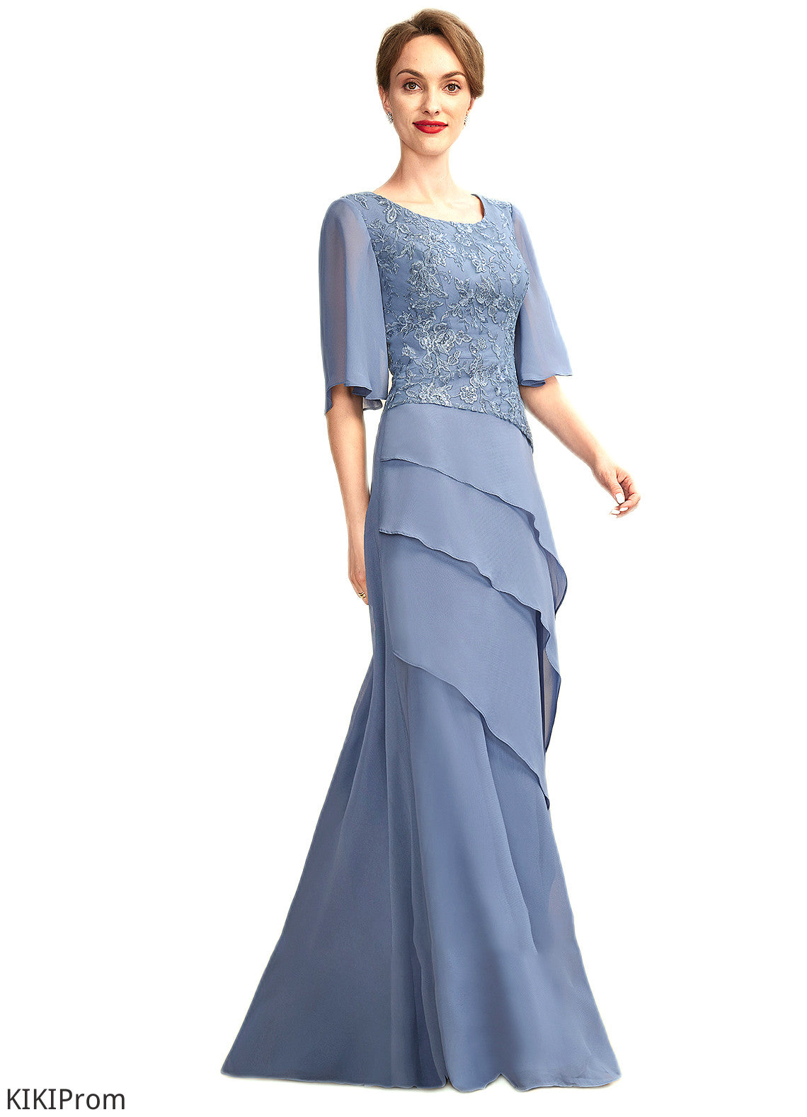 Logan A-Line Scoop Neck Floor-Length Chiffon Lace Mother of the Bride Dress With Sequins Cascading Ruffles DZ126P0014997