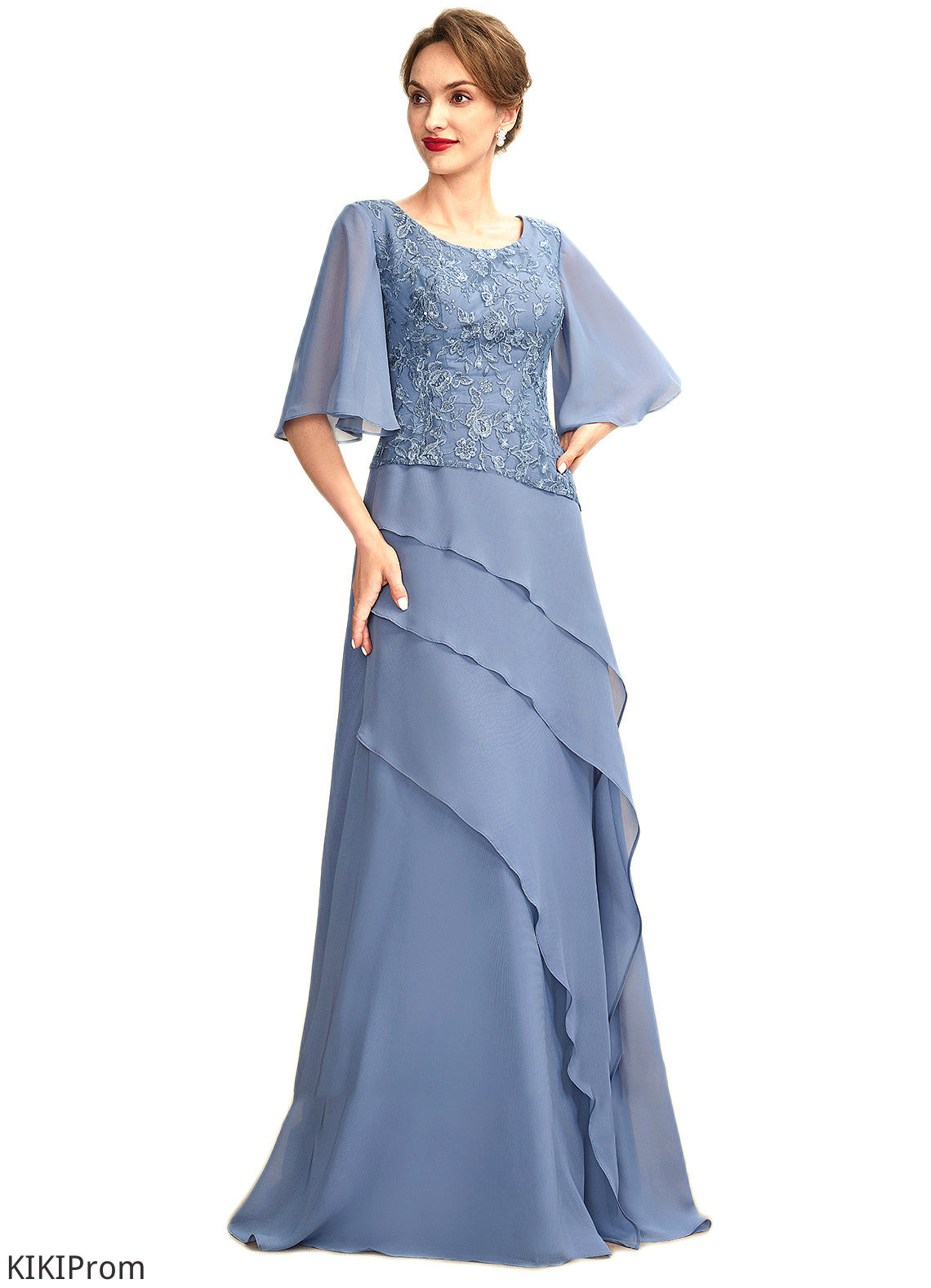 Logan A-Line Scoop Neck Floor-Length Chiffon Lace Mother of the Bride Dress With Sequins Cascading Ruffles DZ126P0014997