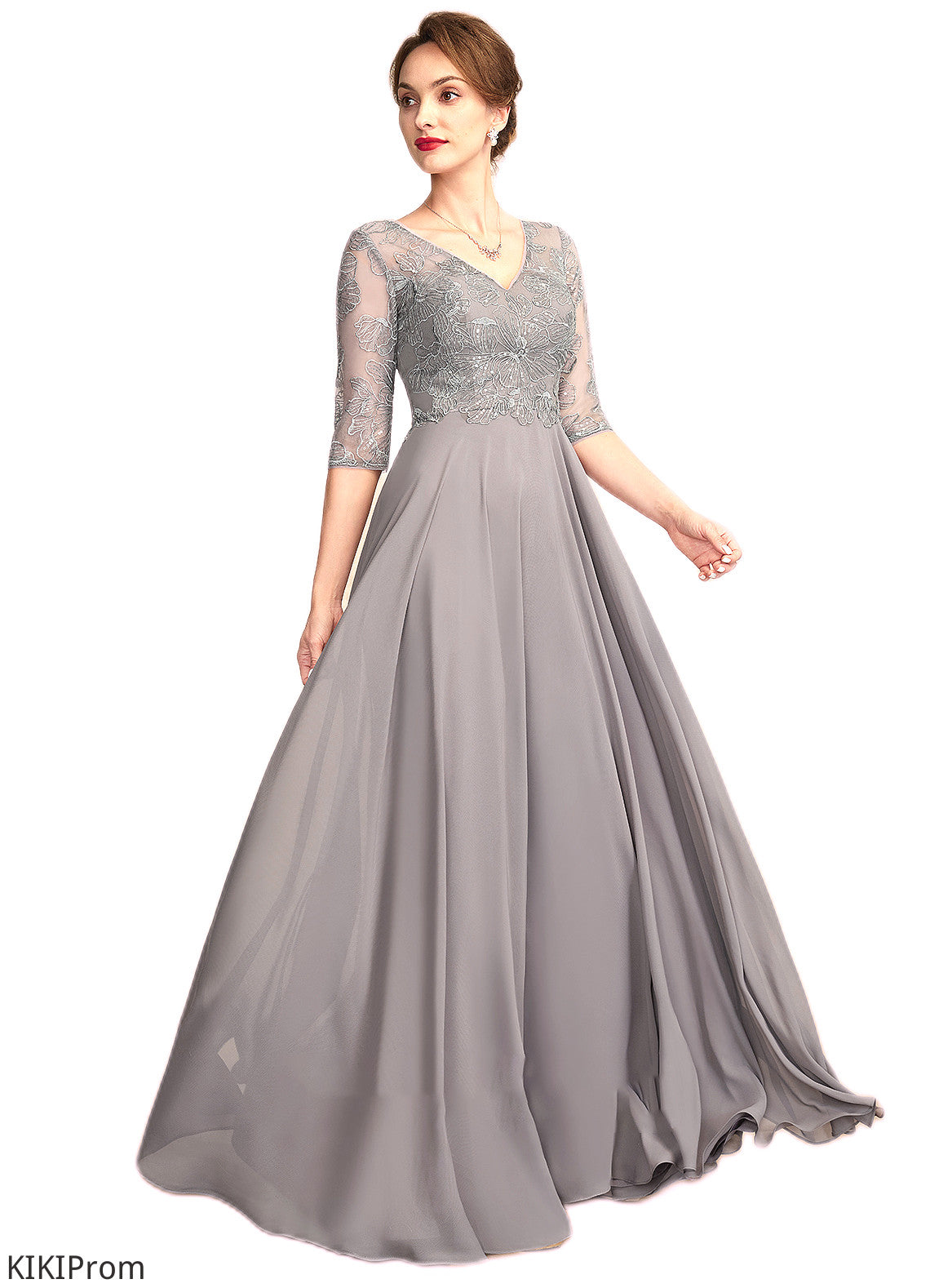 Camila A-Line V-neck Floor-Length Chiffon Lace Mother of the Bride Dress With Sequins DZ126P0014999