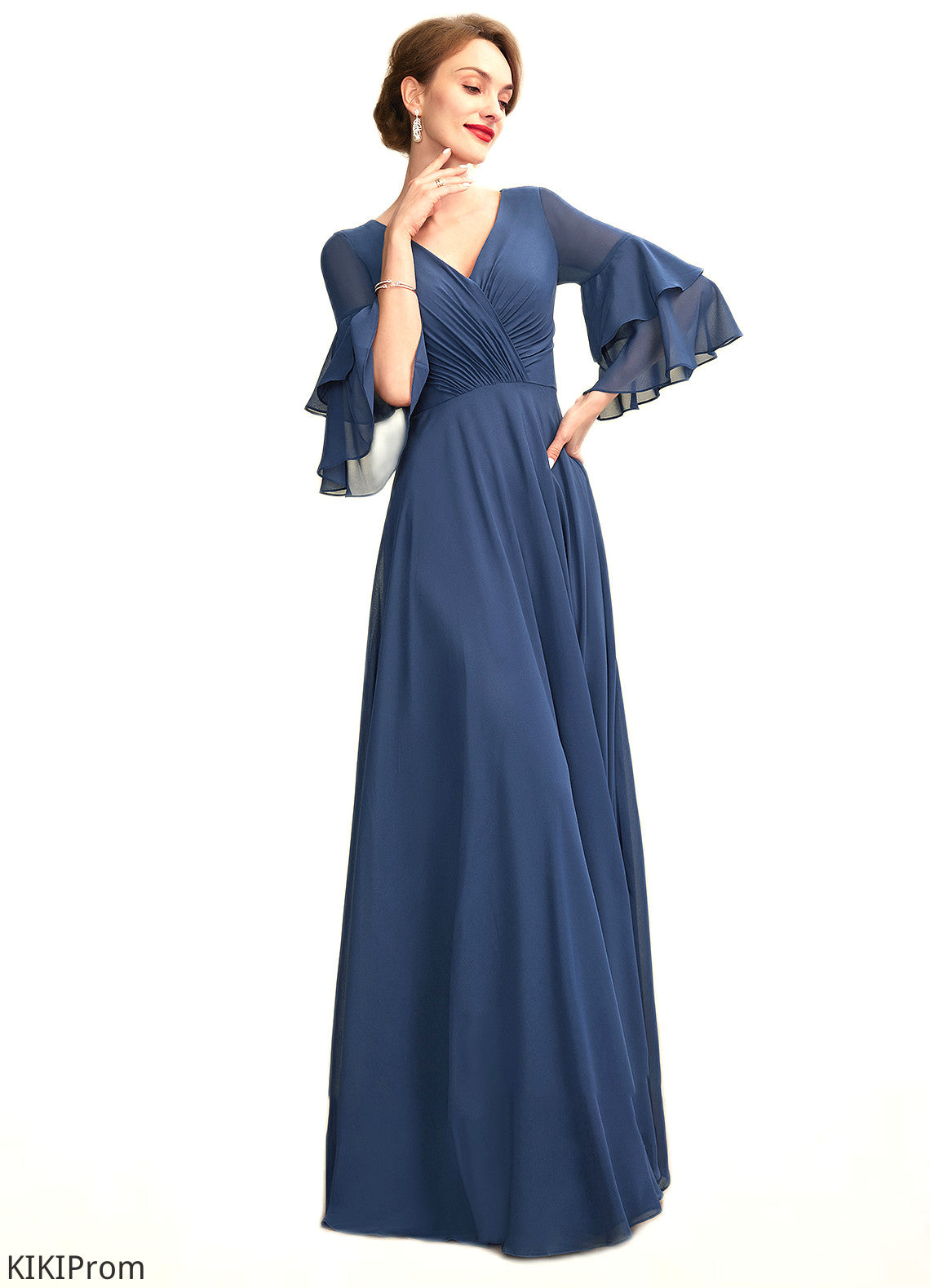 Hadley A-Line V-neck Floor-Length Chiffon Mother of the Bride Dress With Cascading Ruffles DZ126P0015003