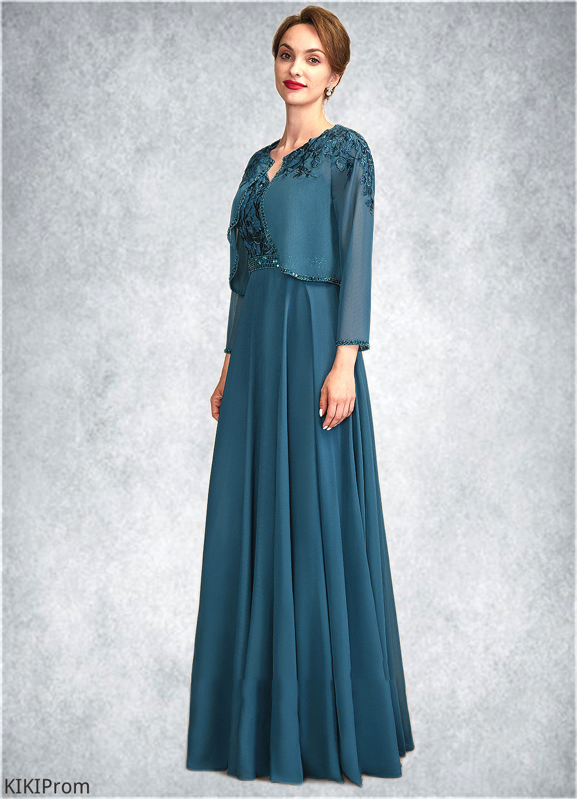 Karsyn A-Line V-neck Floor-Length Chiffon Lace Mother of the Bride Dress With Beading Sequins DZ126P0015004
