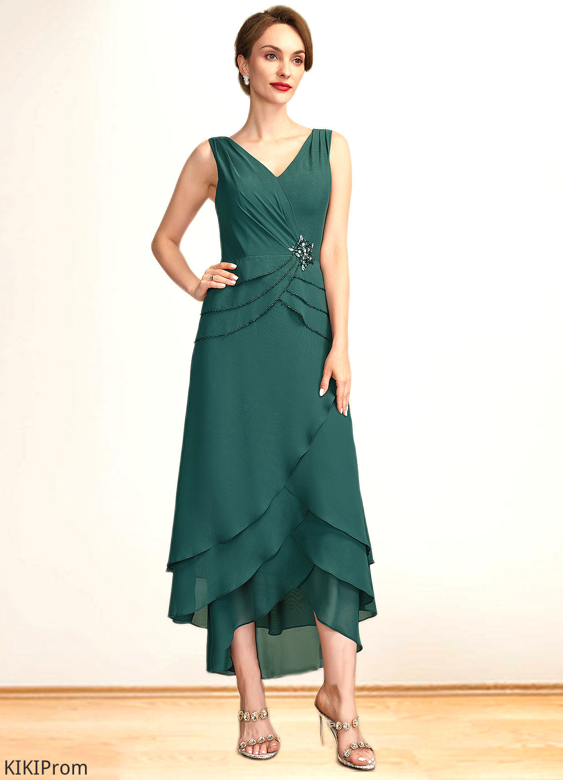 Heather A-Line V-neck Asymmetrical Chiffon Mother of the Bride Dress With Beading Sequins Cascading Ruffles DZ126P0015005