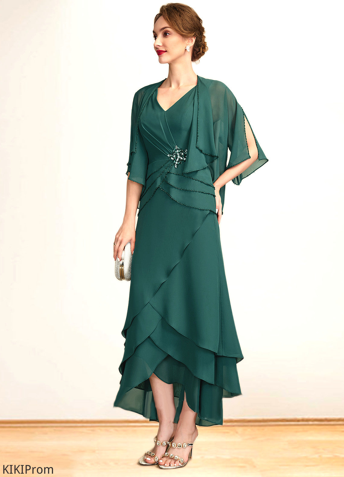 Heather A-Line V-neck Asymmetrical Chiffon Mother of the Bride Dress With Beading Sequins Cascading Ruffles DZ126P0015005