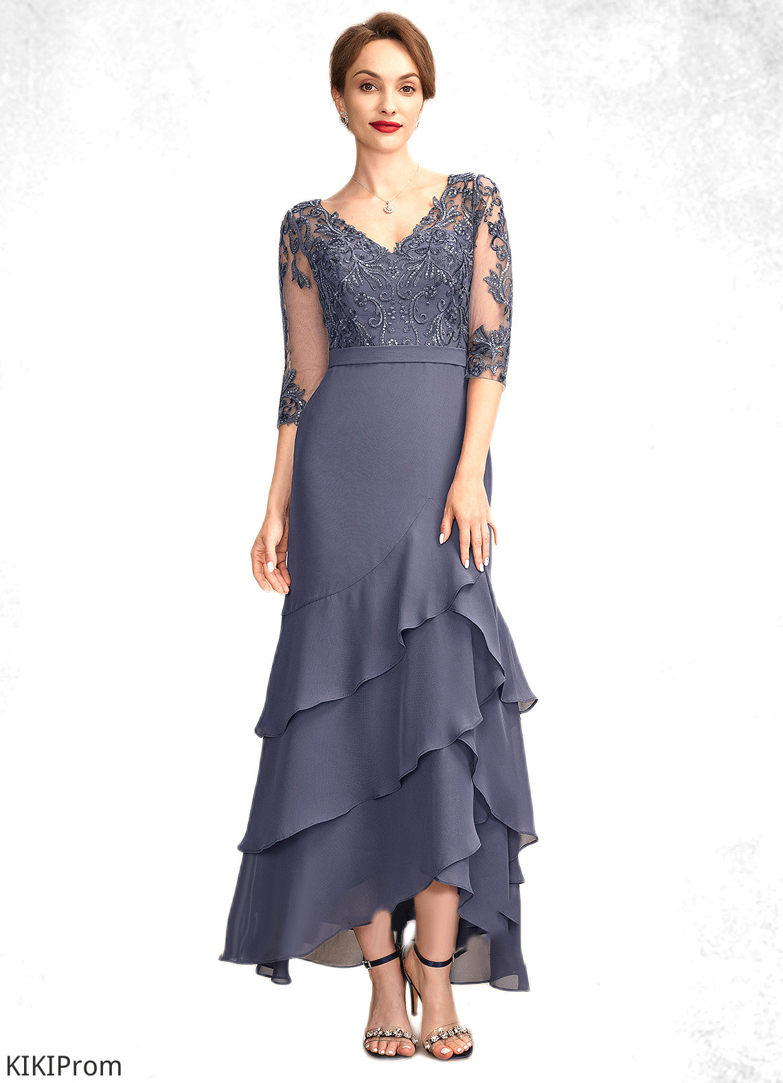 Penelope Trumpet/Mermaid V-neck Asymmetrical Chiffon Lace Mother of the Bride Dress With Sequins Cascading Ruffles DZ126P0015007