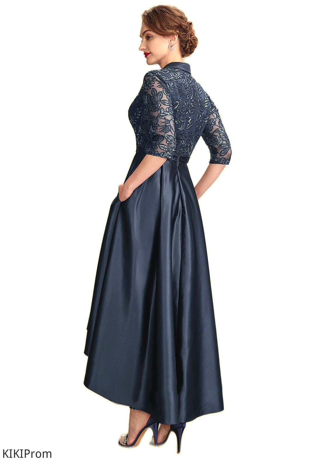 Hilda A-Line V-neck Asymmetrical Satin Lace Mother of the Bride Dress With Sequins Pockets DZ126P0015008