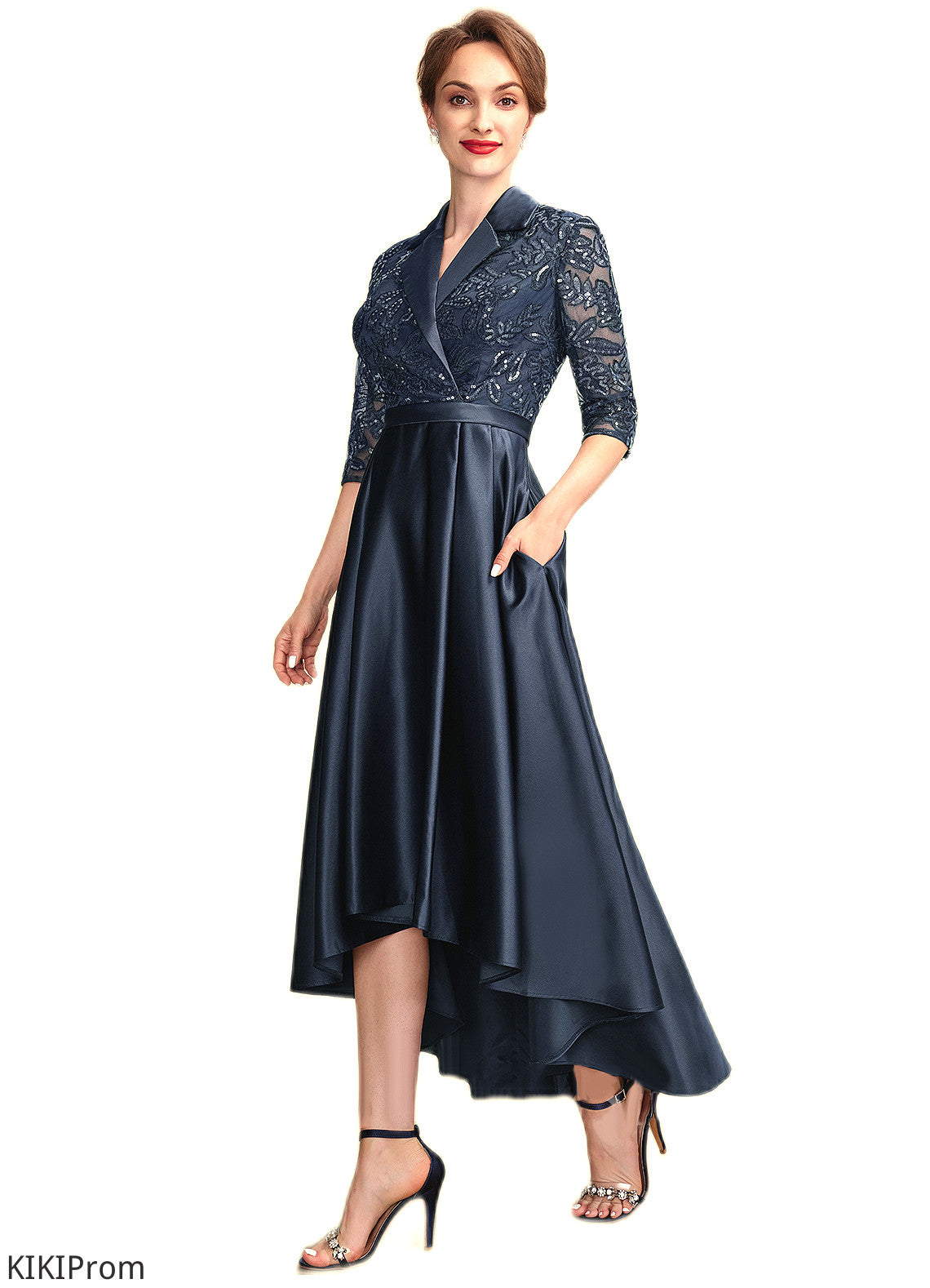 Hilda A-Line V-neck Asymmetrical Satin Lace Mother of the Bride Dress With Sequins Pockets DZ126P0015008