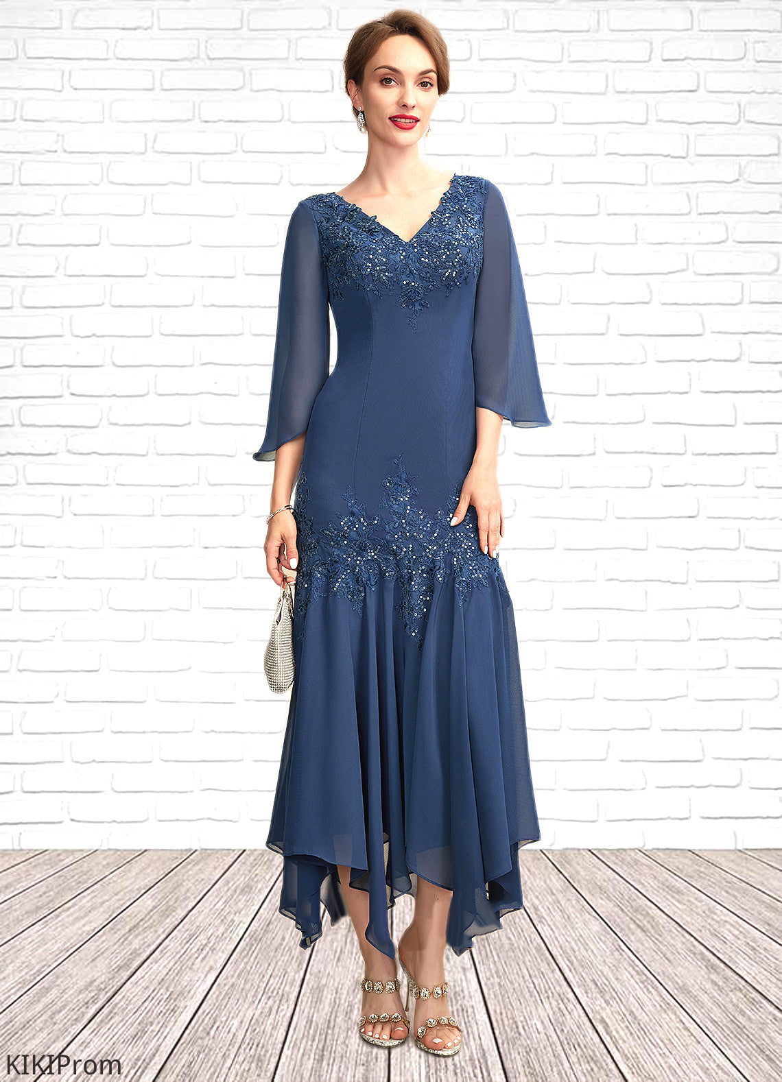 Tabitha Trumpet/Mermaid V-neck Ankle-Length Chiffon Mother of the Bride Dress With Appliques Lace Sequins DZ126P0015009