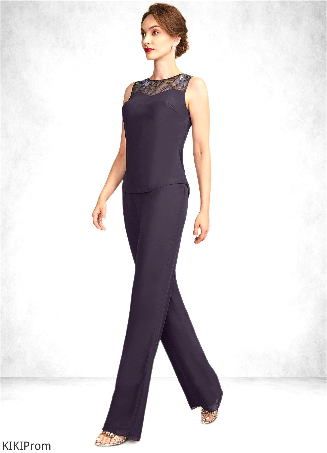 Cheyanne Jumpsuit/Pantsuit Scoop Neck Floor-Length Chiffon Lace Mother of the Bride Dress With Sequins DZ126P0015010