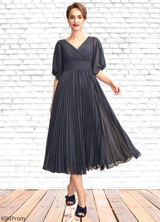 June A-Line V-neck Tea-Length Chiffon Mother of the Bride Dress With Pleated DZ126P0015012