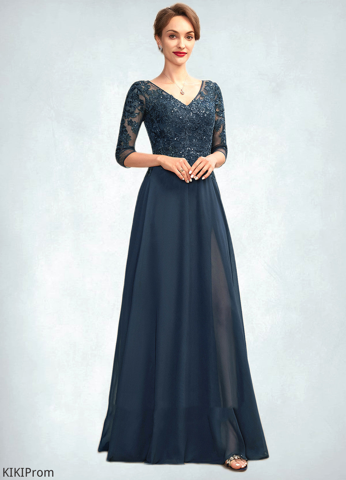Zoe A-Line V-neck Floor-Length Chiffon Lace Mother of the Bride Dress With Sequins Split Front DZ126P0015014