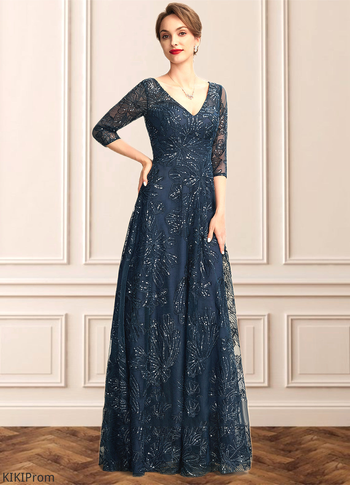 Daniella A-Line V-neck Floor-Length Lace Mother of the Bride Dress With Sequins DZ126P0015015
