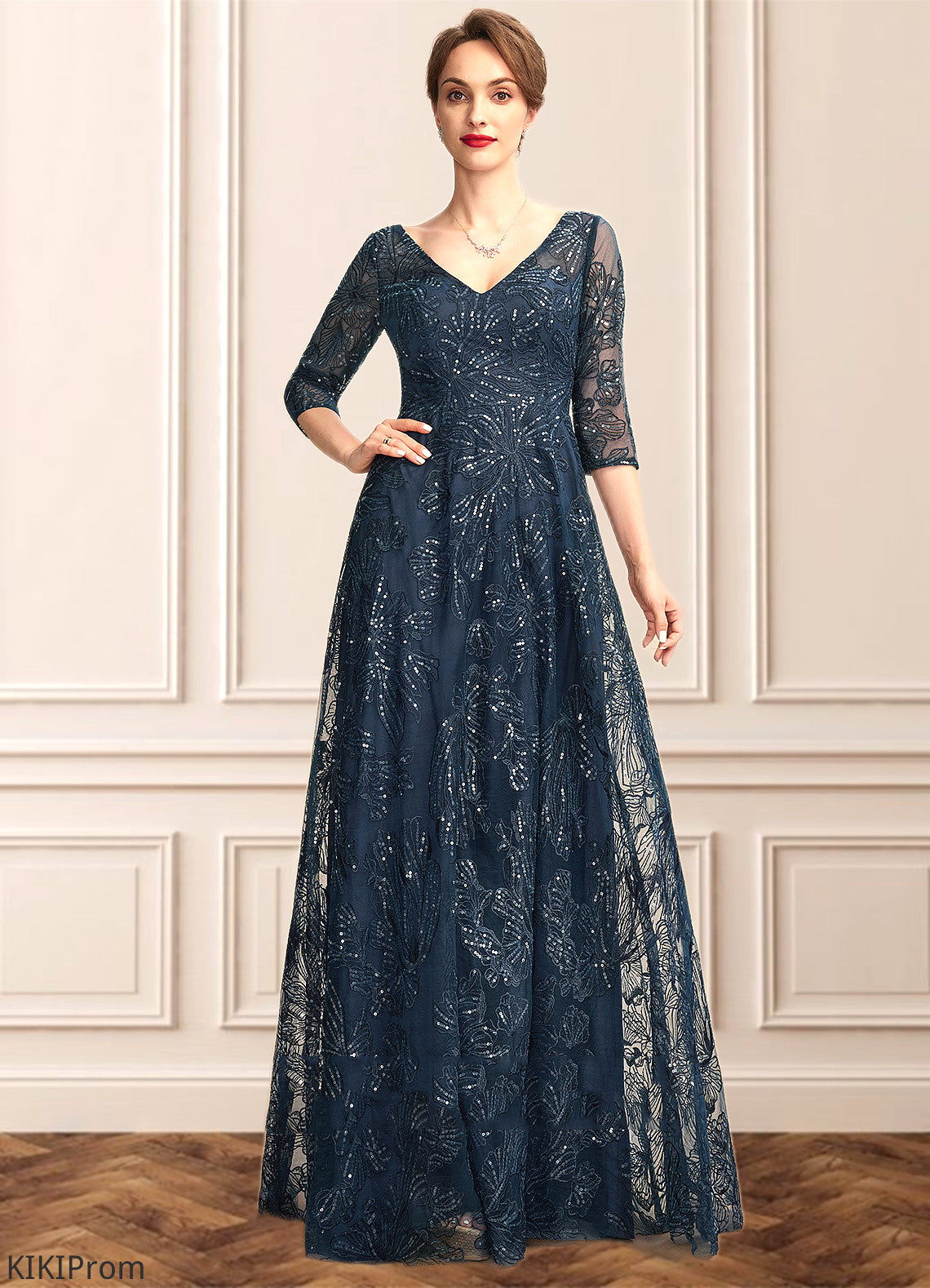 Daniella A-Line V-neck Floor-Length Lace Mother of the Bride Dress With Sequins DZ126P0015015