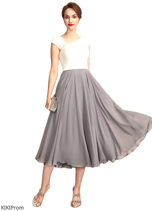 Anna A-Line V-neck Tea-Length Chiffon Mother of the Bride Dress With Ruffle Beading Sequins DZ126P0015016