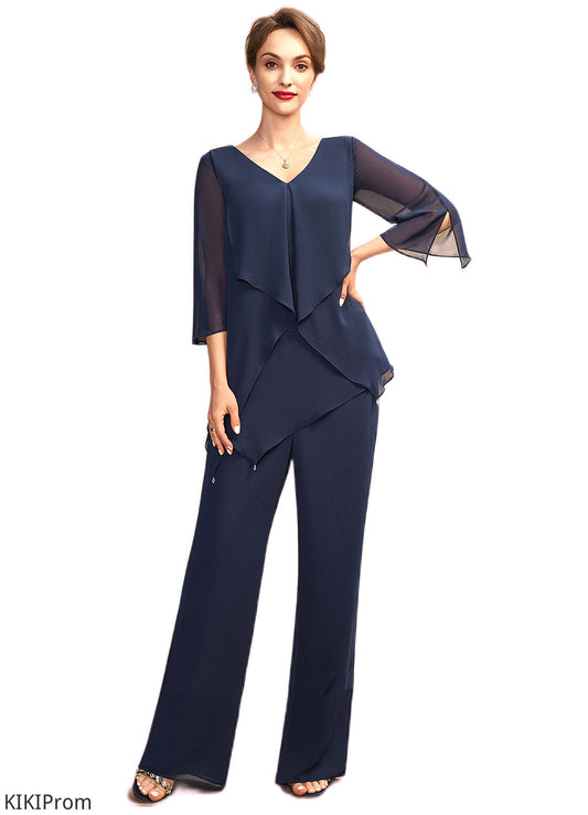 Karlee Jumpsuit/Pantsuit V-neck Floor-Length Chiffon Mother of the Bride Dress With Cascading Ruffles DZ126P0015019