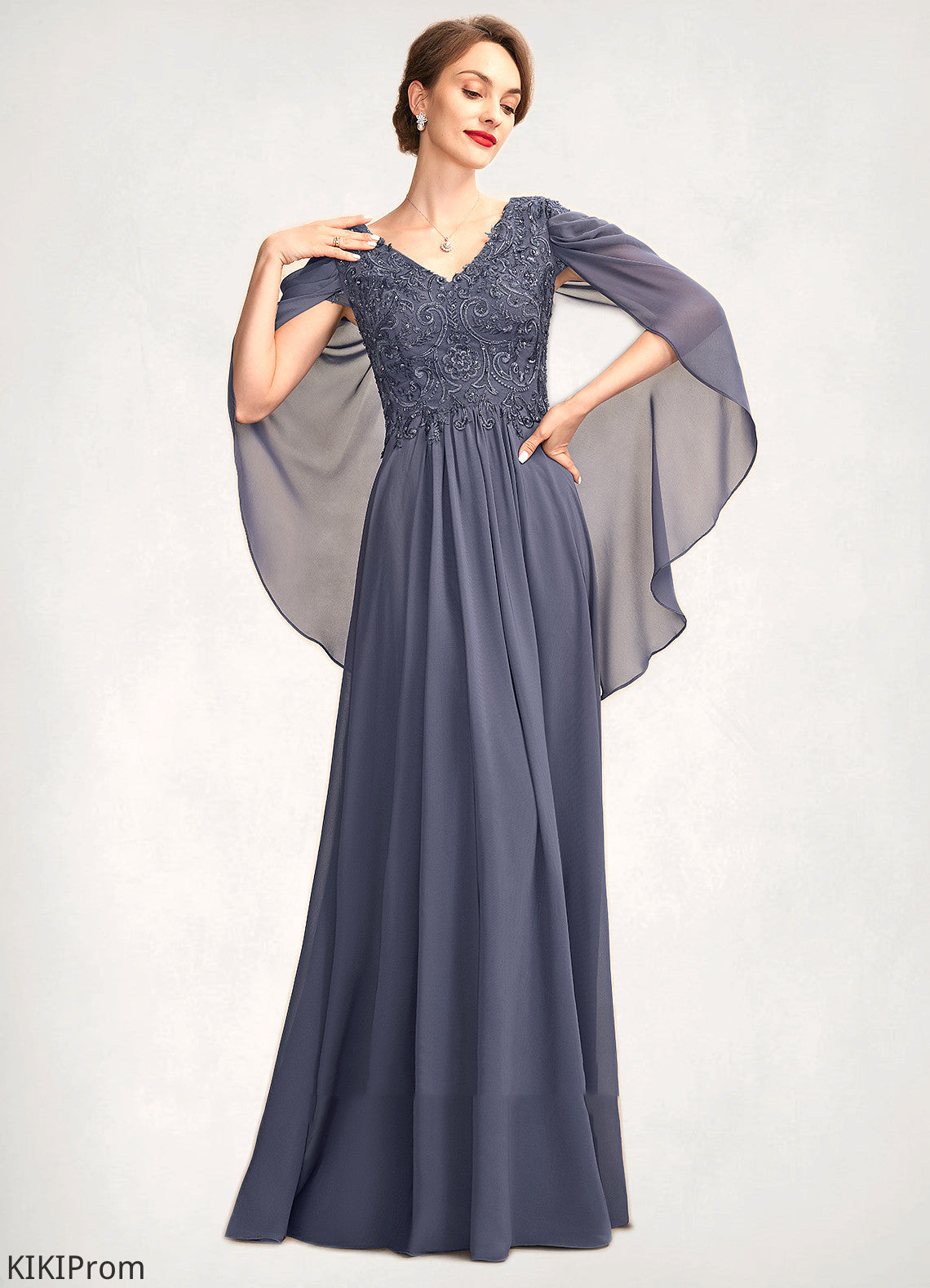 Poll A-Line V-neck Floor-Length Chiffon Lace Mother of the Bride Dress With Beading Sequins DZ126P0015022