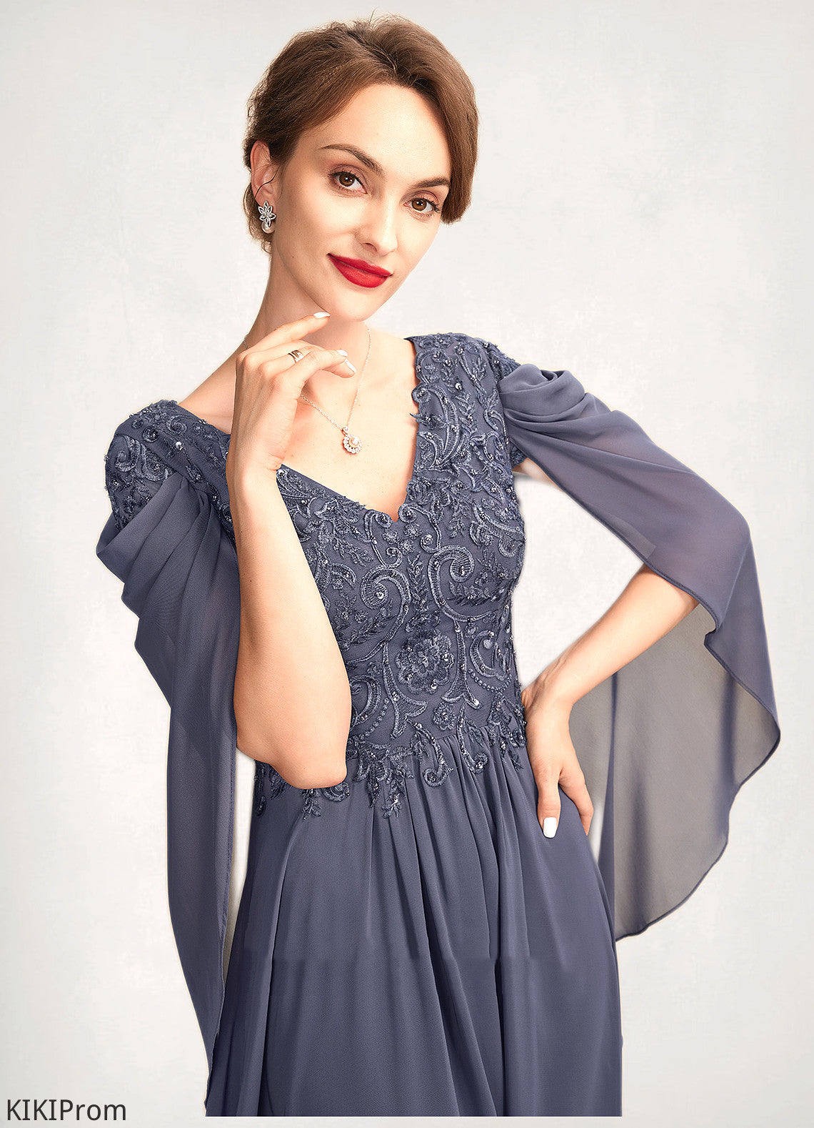Poll A-Line V-neck Floor-Length Chiffon Lace Mother of the Bride Dress With Beading Sequins DZ126P0015022
