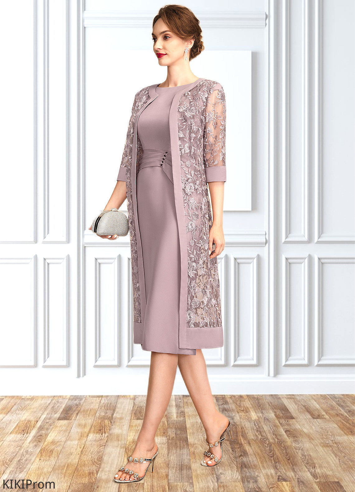 Jo Sheath/Column Scoop Neck Knee-Length Chiffon Mother of the Bride Dress With Ruffle Sequins DZ126P0015023