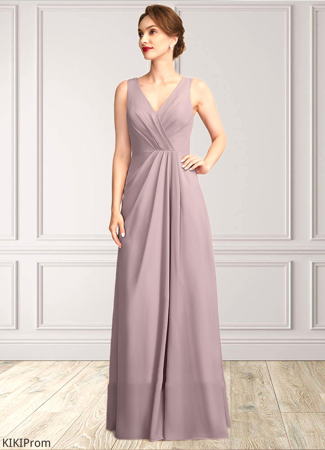 Kiera A-Line V-neck Floor-Length Chiffon Mother of the Bride Dress With Ruffle DZ126P0015026