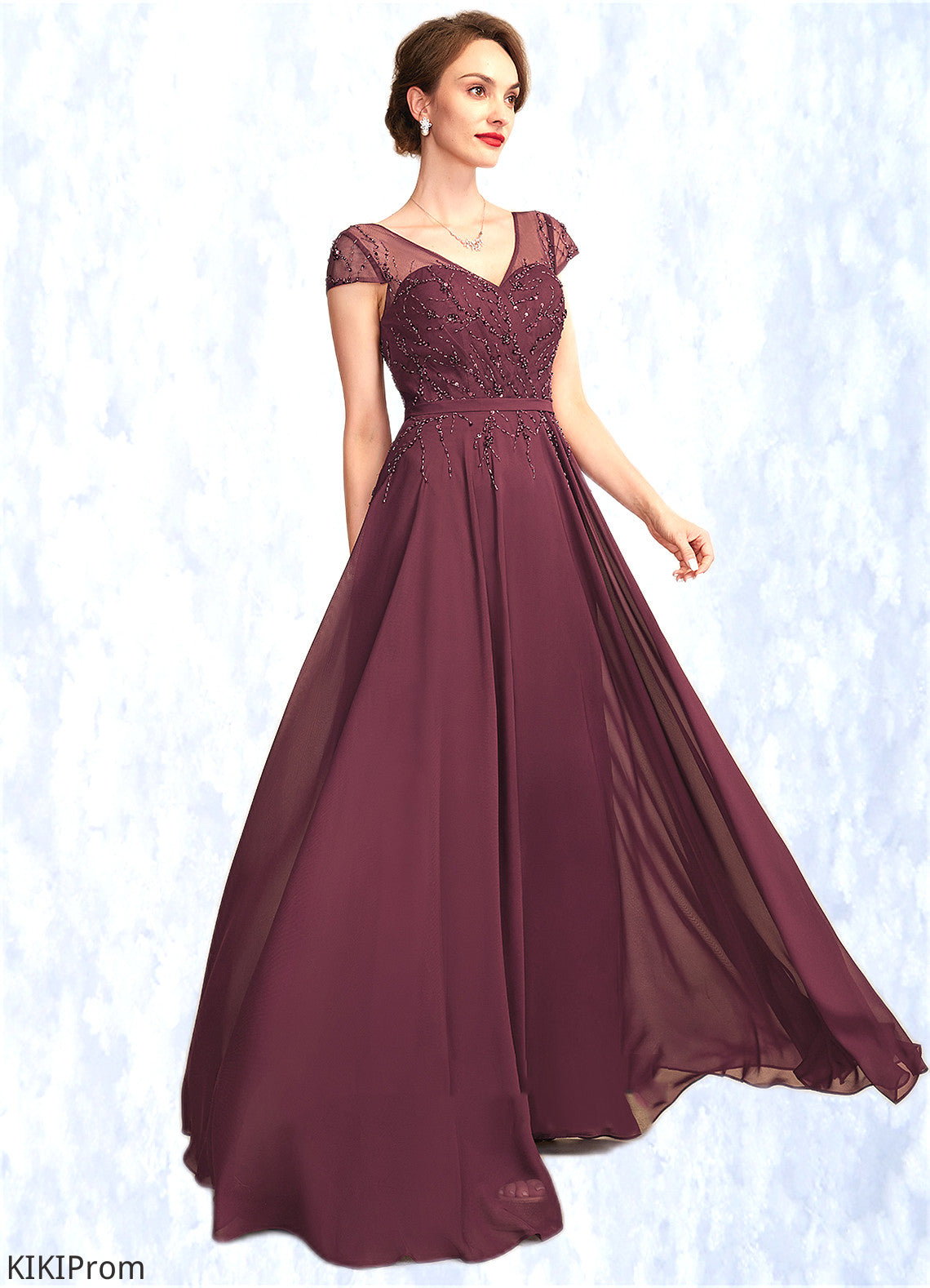 Maya A-Line V-neck Floor-Length Chiffon Mother of the Bride Dress With Beading Sequins DZ126P0015028