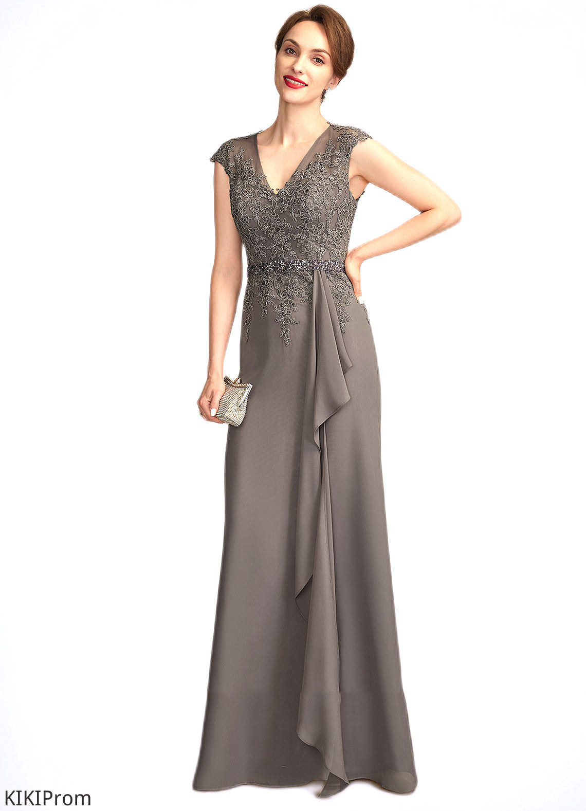 Bridget A-Line V-neck Floor-Length Chiffon Lace Mother of the Bride Dress With Beading Sequins Cascading Ruffles DZ126P0015030