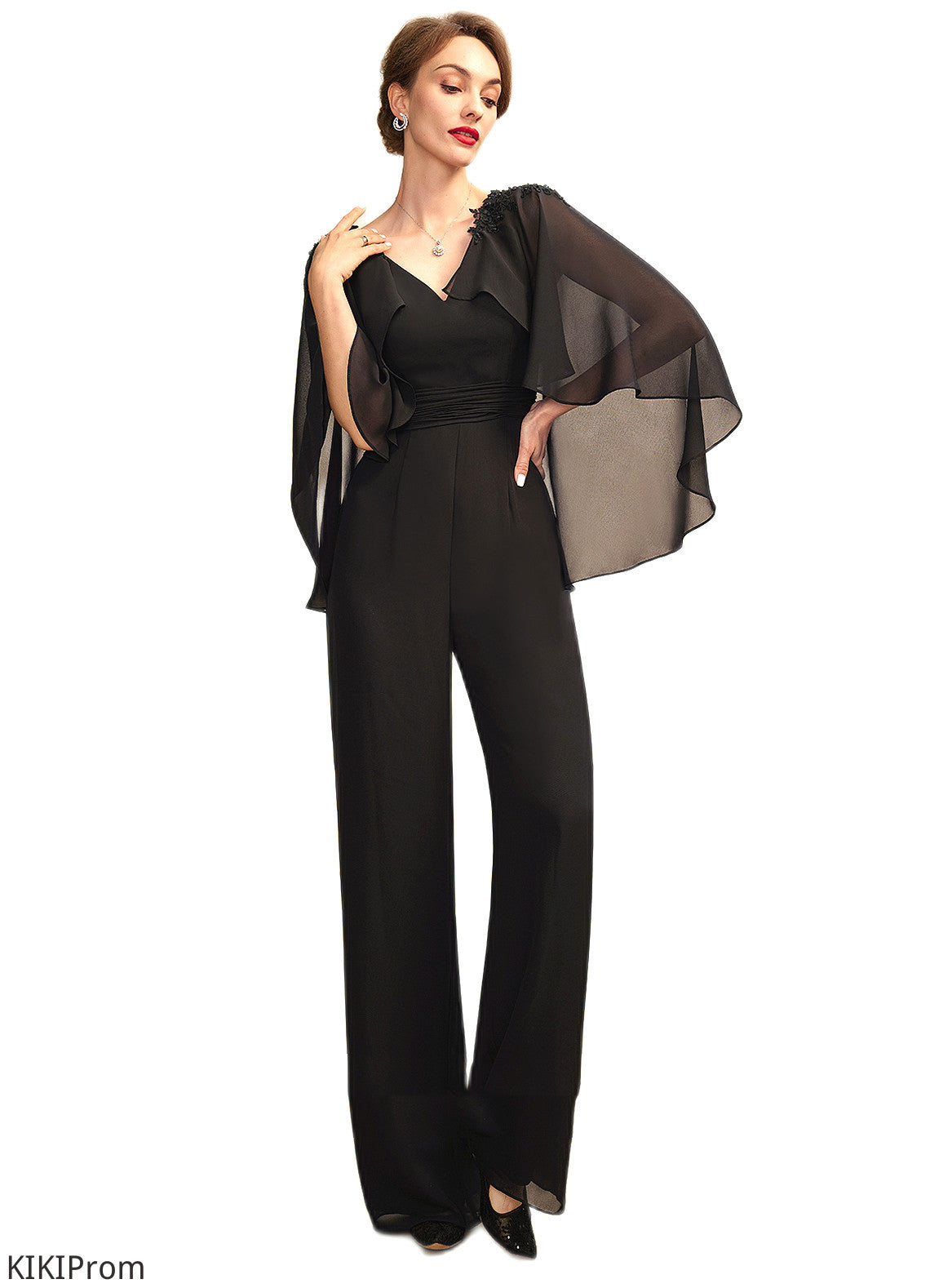 Christine Jumpsuit/Pantsuit V-neck Floor-Length Chiffon Mother of the Bride Dress With Ruffle Beading Appliques Lace Sequins DZ126P0015033