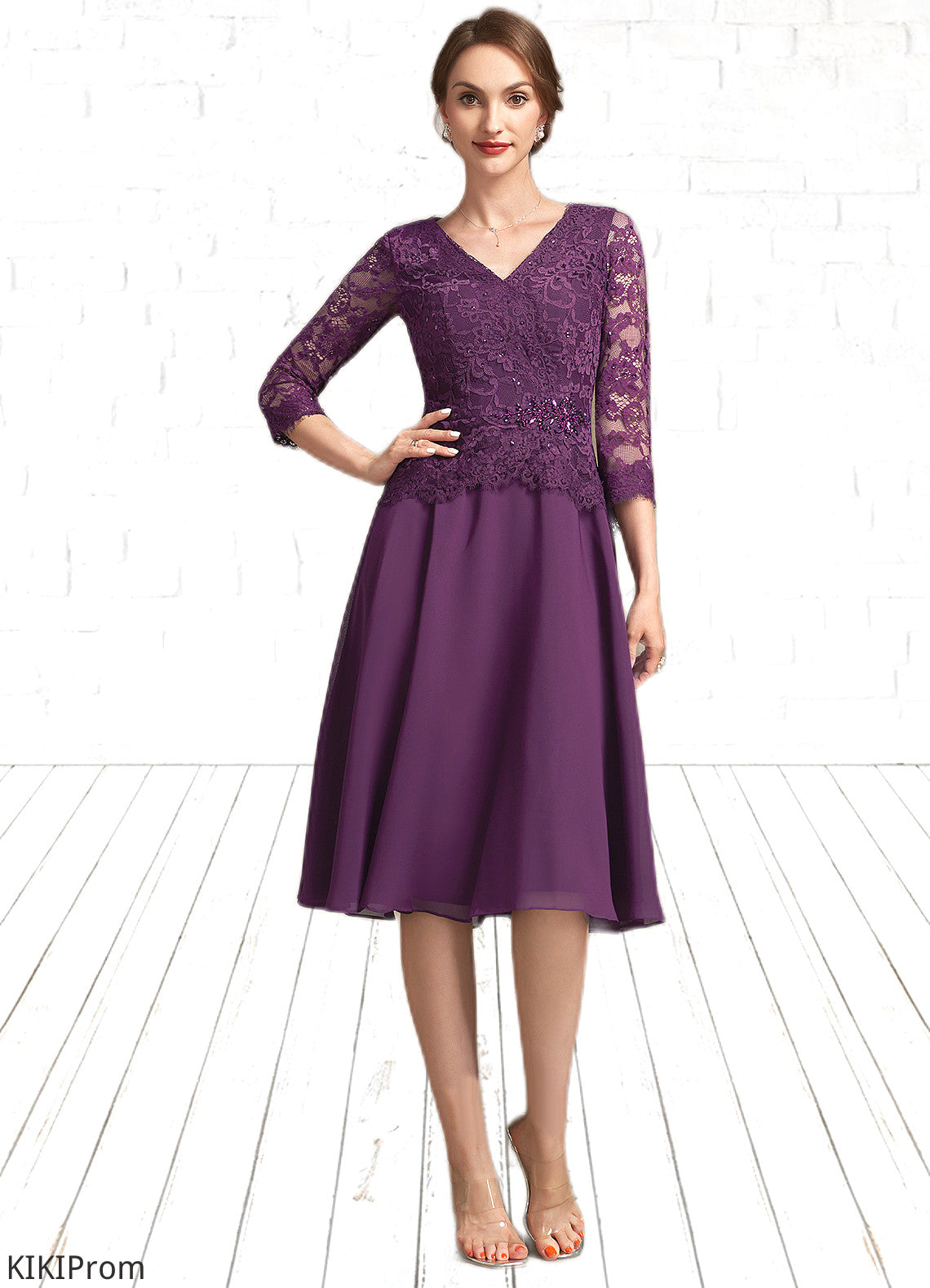 Yaritza A-Line V-neck Knee-Length Chiffon Lace Mother of the Bride Dress With Beading Sequins DZ126P0015035