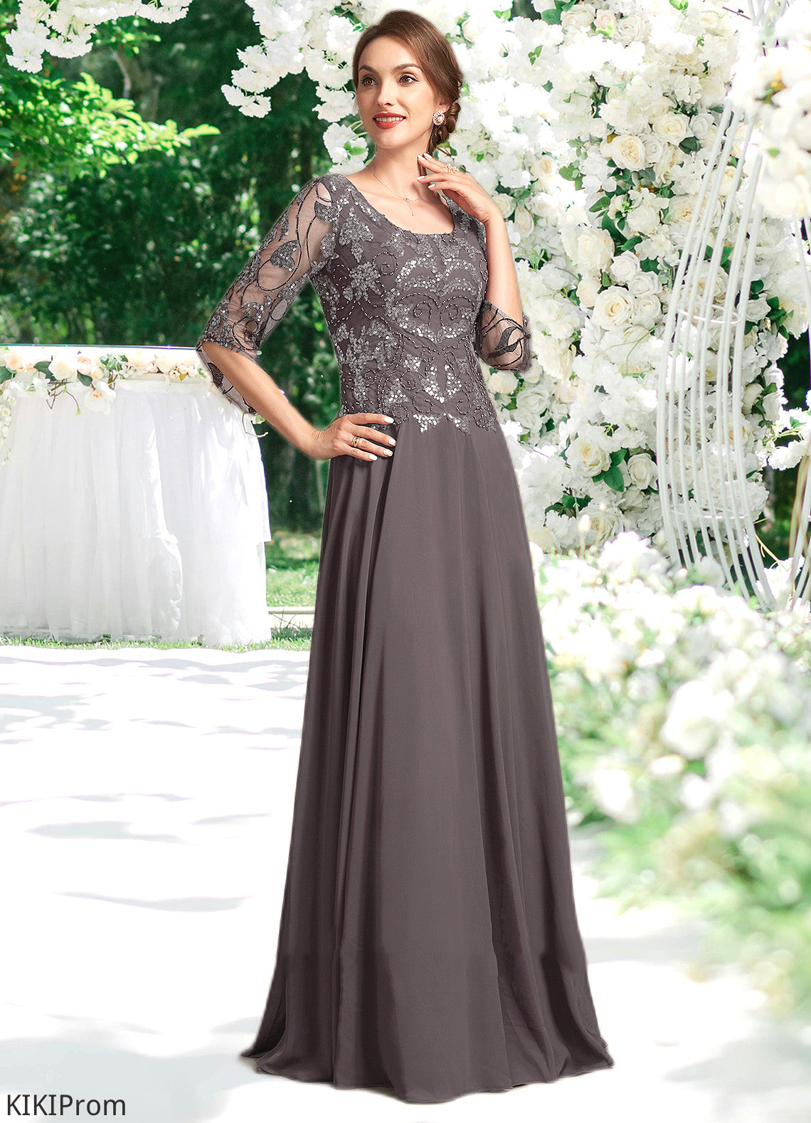 Shyla A-Line Scoop Neck Floor-Length Chiffon Lace Mother of the Bride Dress With Beading Sequins DZ126P0015036
