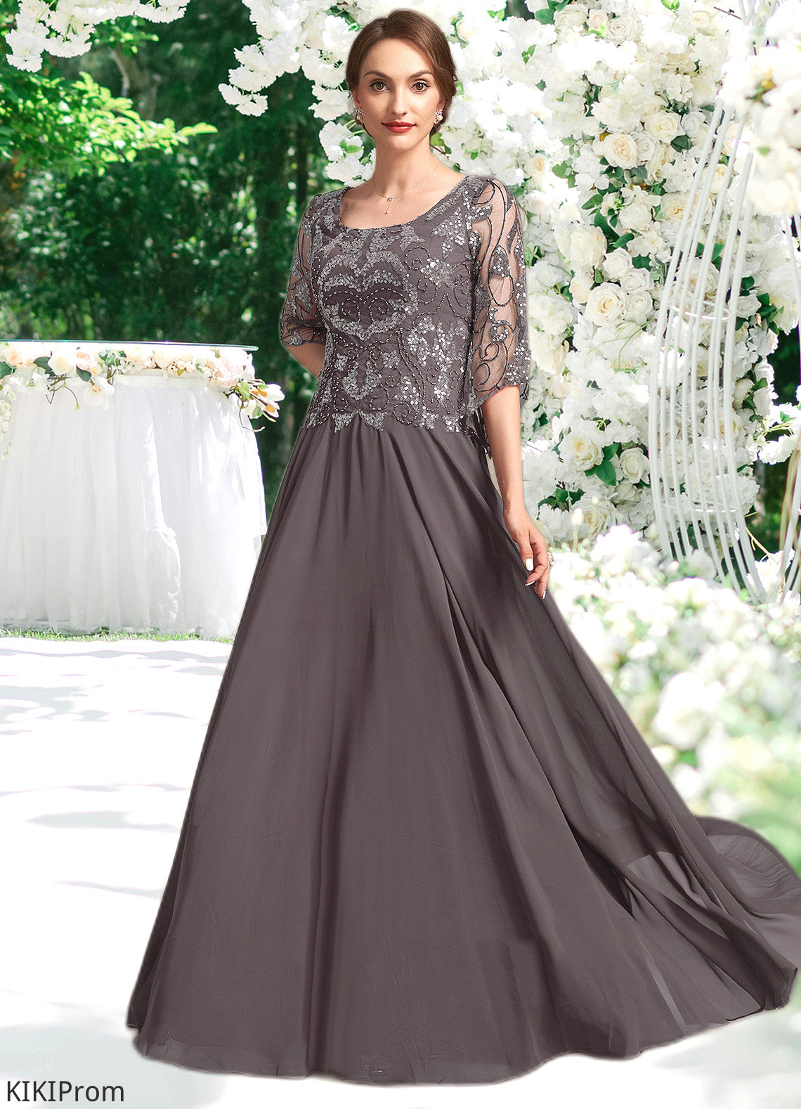 Shyla A-Line Scoop Neck Floor-Length Chiffon Lace Mother of the Bride Dress With Beading Sequins DZ126P0015036